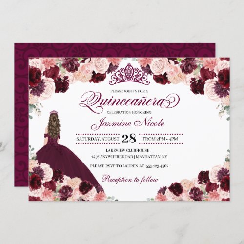 Burgundy Blush Pink Floral Quinceanera Birthday In Invitation