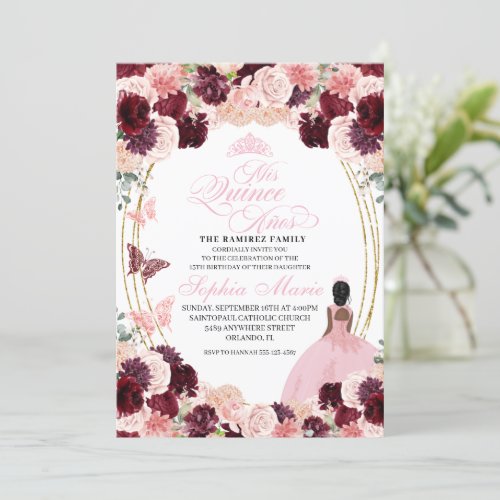 Burgundy Blush Pink Floral Quinceanera Birthday Invitation