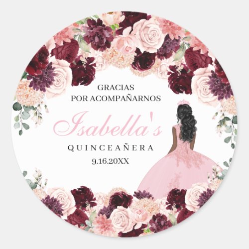 Burgundy Blush Pink Floral Quinceanera Classic Round Sticker