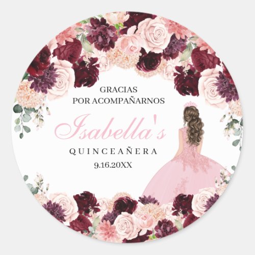 Burgundy Blush Pink Floral Quinceanera Classic Round Sticker