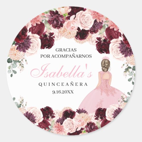 Burgundy Blush Pink Floral Quinceanera Classic Round Sticker