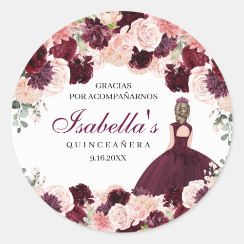 Burgundy Blush Pink Floral Quinceanera Classic Round Sticker