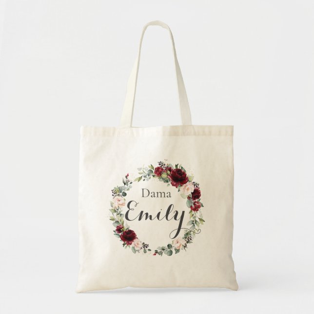 Burgundy Blush Pink Floral Quinceanera Dama  Tote Bag (Front)