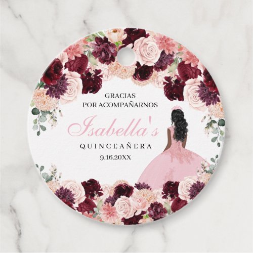 Burgundy Blush Pink Floral Quinceanera  Favor Tags