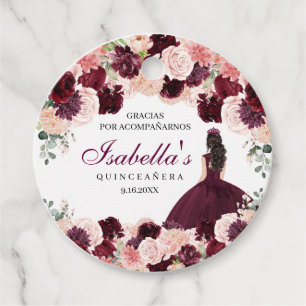 Burgundy Blush Pink Floral Quinceanera  Favor Tags