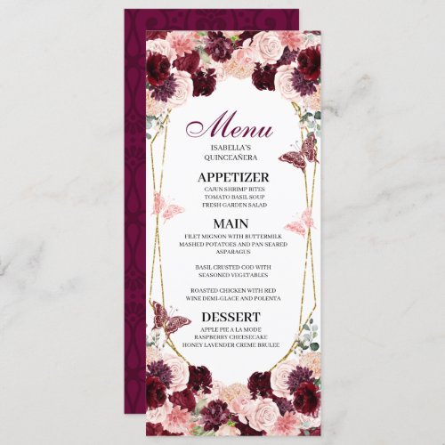 Burgundy Blush Pink Floral Quinceanera Menu Invitation