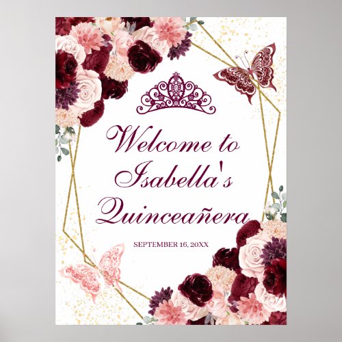 Burgundy Blush Pink Floral Quinceanera Poster