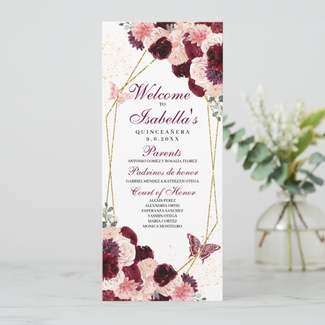 Burgundy Blush Pink Floral Quinceanera Program (Standing Front)