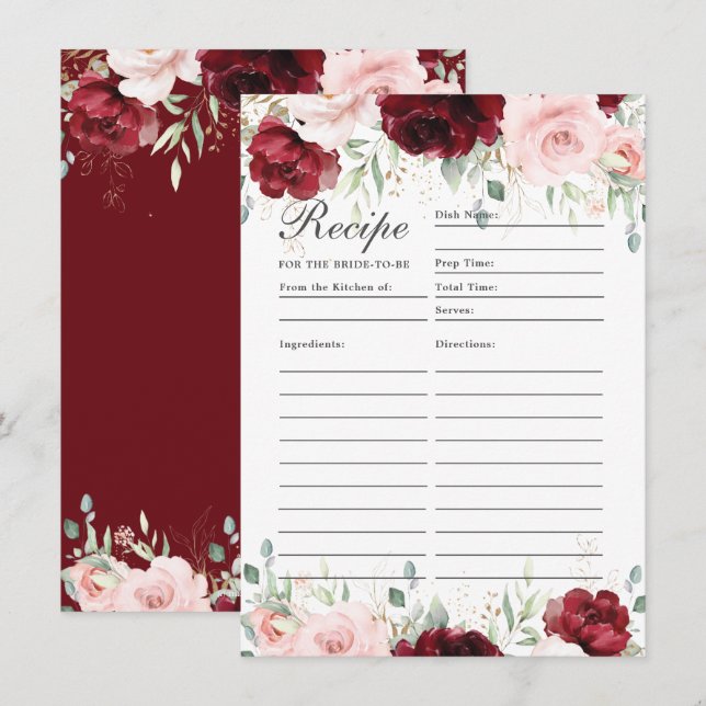 Burgundy Blush Pink Floral Recipe For Bride Card (Front/Back)