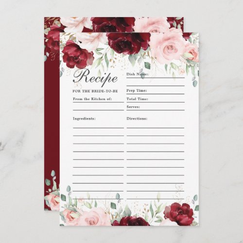 Burgundy Blush Pink Floral Recipe For Bride Card