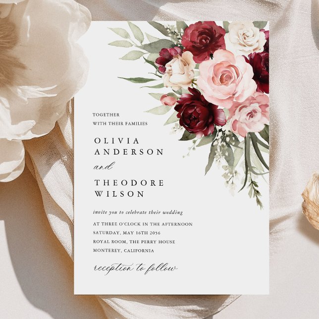 Burgundy Blush Pink Floral Rose Wedding Invitation (burgundy blush pink wedding invitation, burgundy rose floral invite card, elegant wedding stationery)