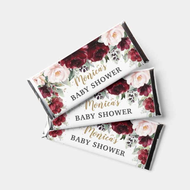 Burgundy Blush Pink Floral Roses Baby Shower  Hershey Bar Favors (Front)