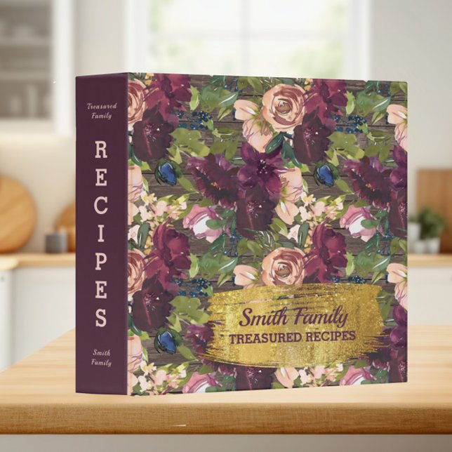 Burgundy Blush Pink Floral Rustic Wood Recipe 3 Ring Binder (Creator Uploaded)