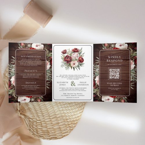 Burgundy Blush Pink Floral Rustic Wood Wedding Tri_Fold Invitation