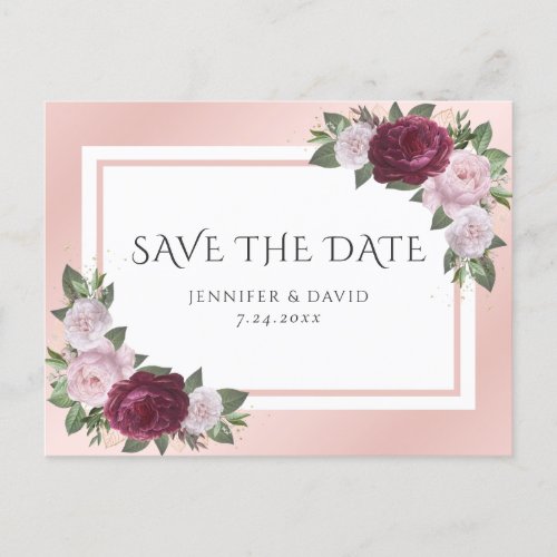 Burgundy Blush Pink Floral Save The Date Announcement Postcard