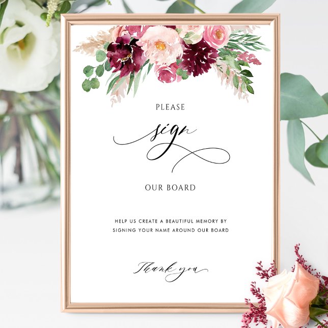 Burgundy Blush Pink Floral, Sign Guestbook Board (Creator Uploaded)