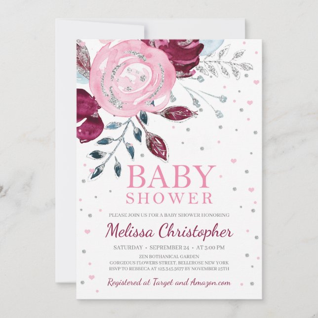 Burgundy blush pink floral silver glitter baby invitation (Front)