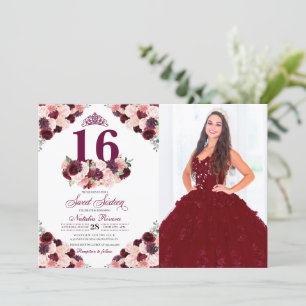 Burgundy Blush Pink Floral Sweet 16 Birthday Photo Invitation