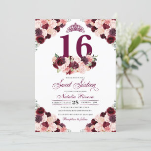 Burgundy Blush Pink Floral Sweet Sixteen Birthday Invitation
