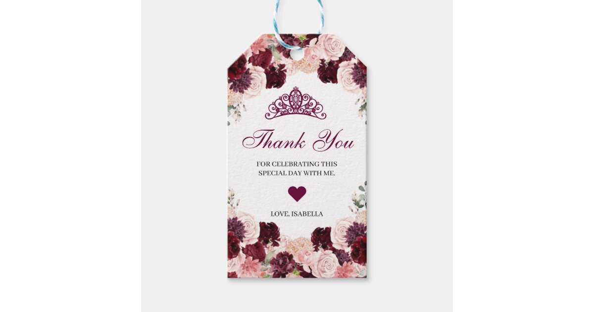 Burgundy Blush Pink Floral Thank You Gift Tags | Zazzle