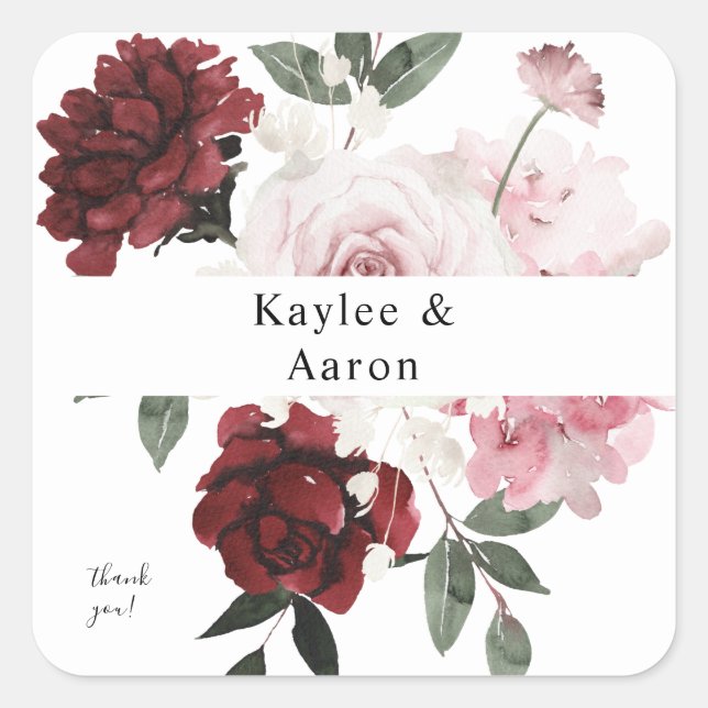 Burgundy & Blush Pink Floral Thank You Square Sticker (Front)