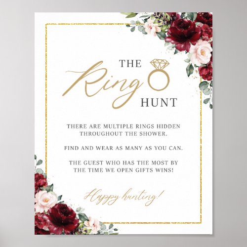 Burgundy Blush Pink Floral The Ring Hunt Game Sign