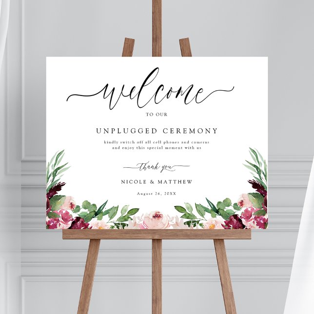 Burgundy Blush Pink Floral Unplugged Ceremony Sign (Creator Uploaded)