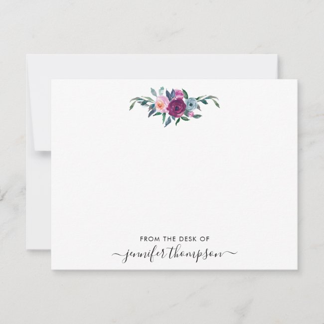 Burgundy Blush Pink Floral Watercolor Girly Script Note Card