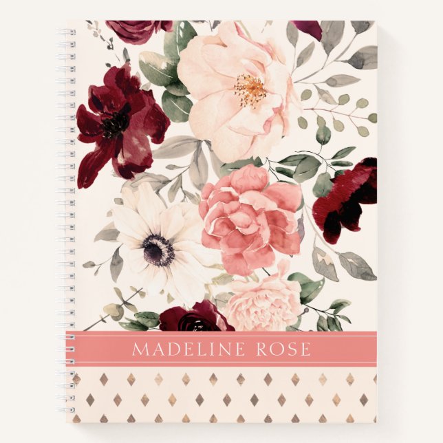 Burgundy Blush Pink Floral Watercolor Name Notebook (Front)