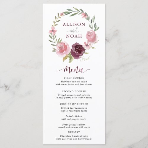 Burgundy blush pink floral watercolor wedding menu