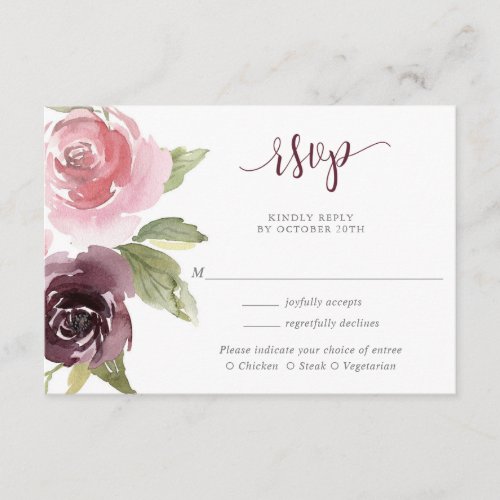 burgundy blush pink floral watercolor wedding RSVP Enclosure Card