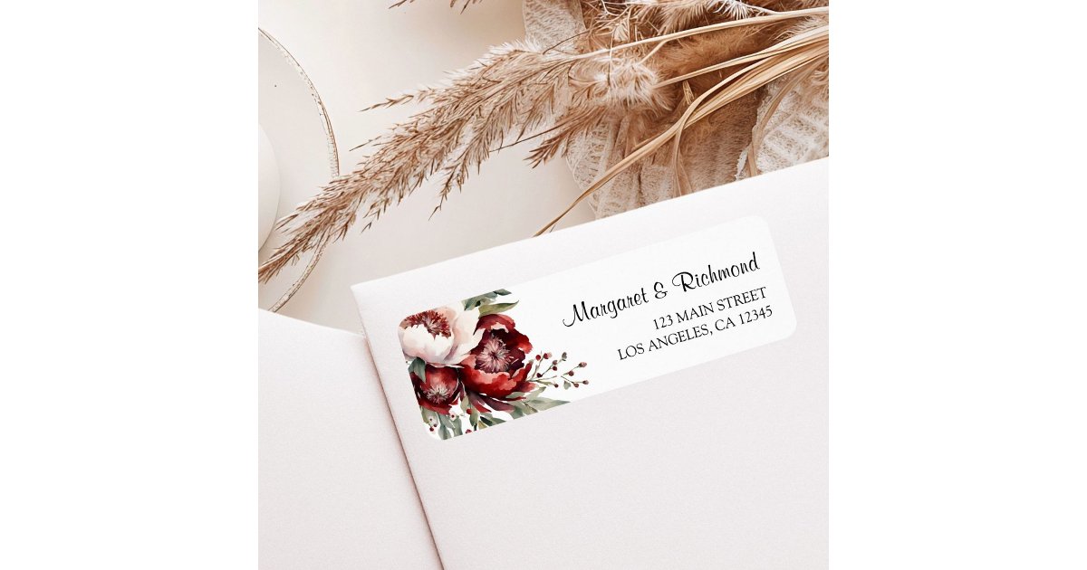 Burgundy Blush Pink Floral Wedding Address Label | Zazzle