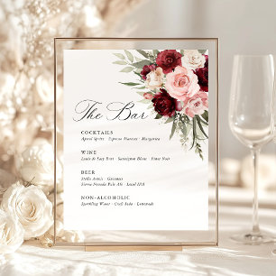 Burgundy Blush Pink Floral Wedding Bar Menu Pedestal Sign