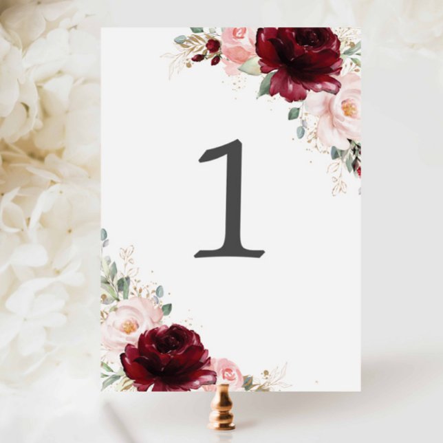 Burgundy Blush Pink Floral Wedding Bridal Shower  Table Number (burgundy blush floral table number cards printed for weddings bridal showers birthdays anniversaries)