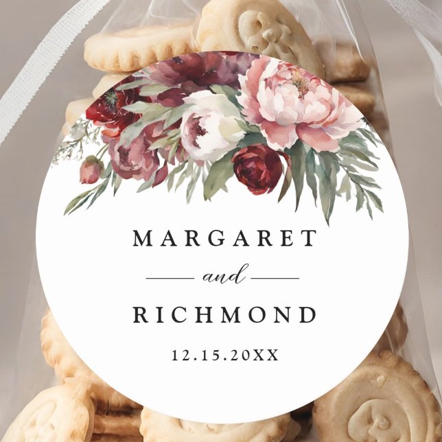 Burgundy Blush Pink Floral Wedding  Classic Round Sticker (Creator Uploaded)