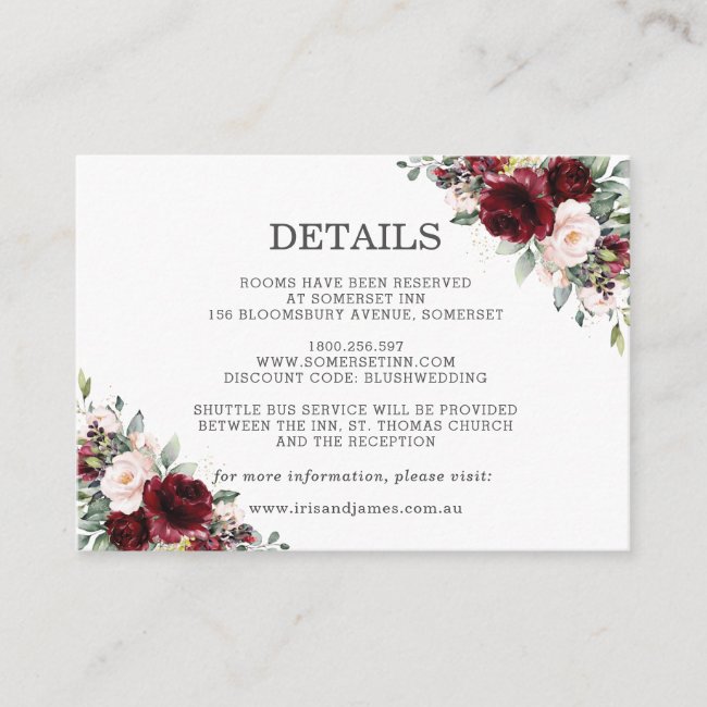 Burgundy Blush Pink Floral Wedding Details Enclosure Card