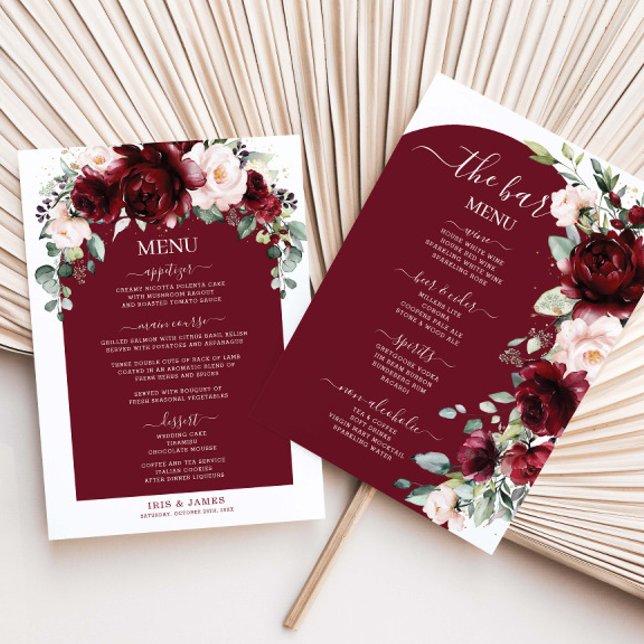 Burgundy Blush Pink Floral Wedding Dinner Bar Menu (Creator Uploaded)
