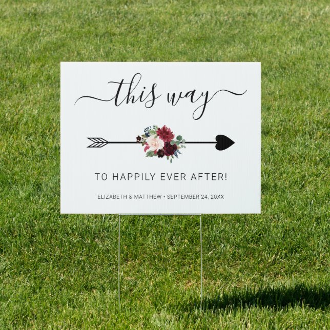 Burgundy & Blush Pink Floral Wedding Directional Sign (Insitu)