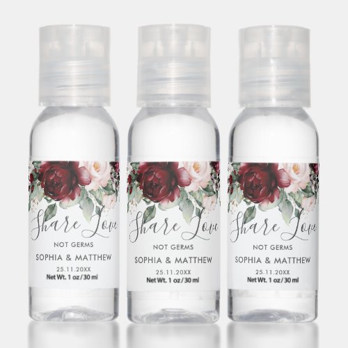 Burgundy Blush Pink Floral Wedding Favor Hand Sanitizer