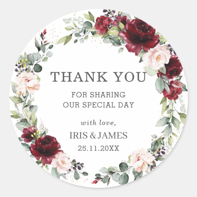 Burgundy Blush Pink Floral Wedding Favor Thank You Classic Round Sticker (Front)