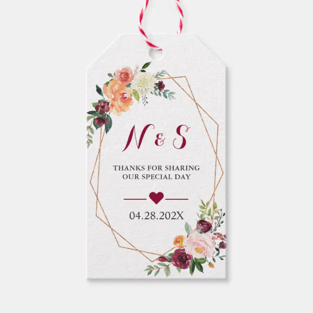 Burgundy Blush Pink Floral Wedding Favor Thank You Gift Tags | Zazzle