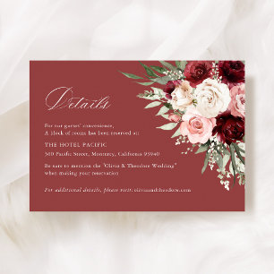 Burgundy Blush Pink Floral Wedding Hotel Details Enclosure Card