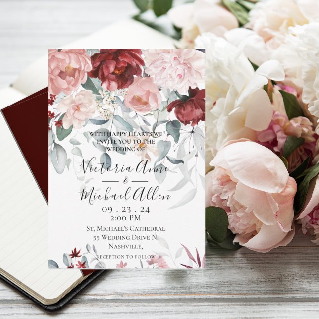 Burgundy Blush Pink Floral Wedding Invitation (Creator Uploaded)