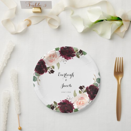 Burgundy Blush Pink Floral Wedding Paper Plates