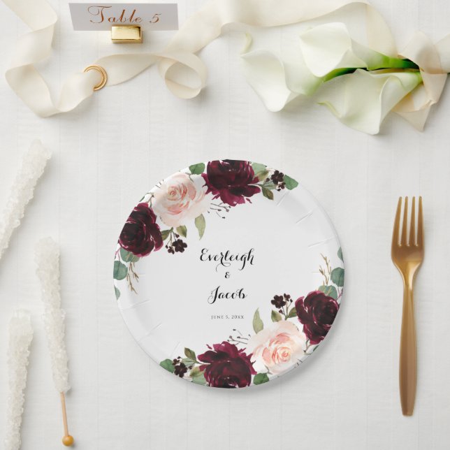 Burgundy Blush Pink Floral Wedding Paper Plates (Wedding)