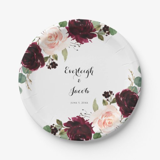 Burgundy Blush Pink Floral Wedding Paper Plates | Zazzle