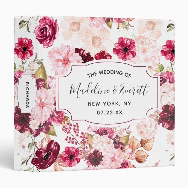 Burgundy & Blush Pink Floral Wedding Photo Album 3 Ring Binder (Front/Spine)