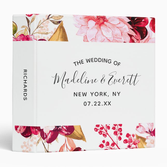 Burgundy & Blush Pink Floral Wedding Photo Album 3 Ring Binder (Front/Spine)