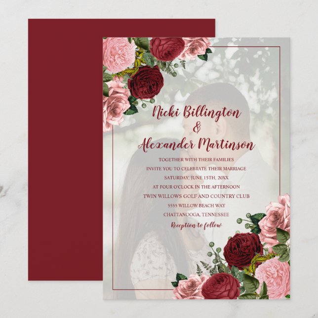 Burgundy Blush Pink Floral Wedding Photo Invitation (Front/Back)