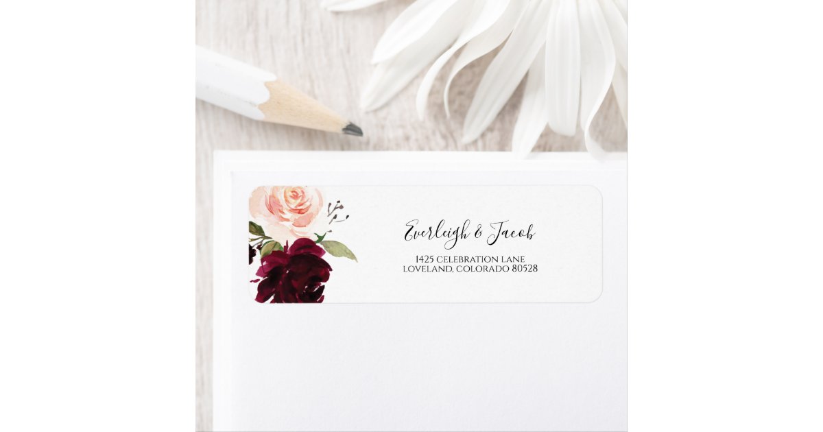 Burgundy Blush Pink Floral Wedding Return Address Label | Zazzle